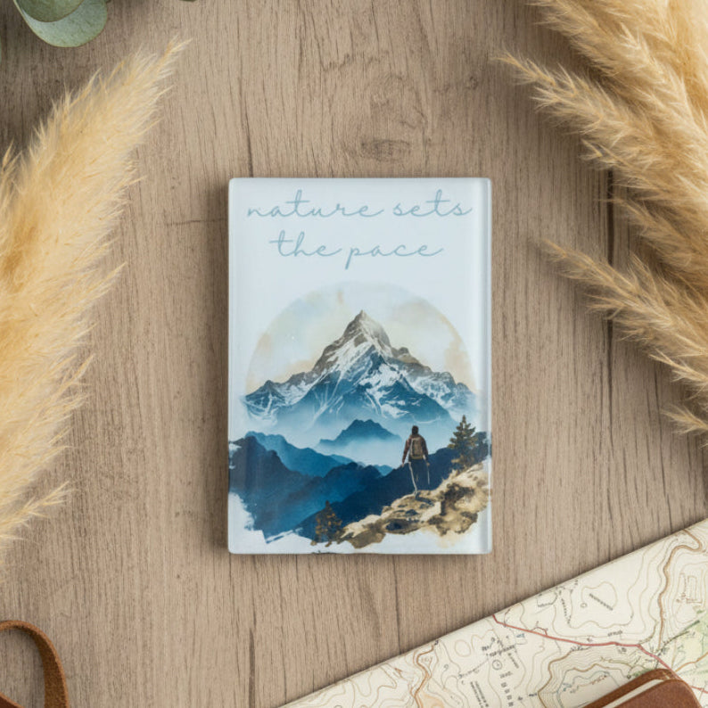 Nature Sets The Pace Glass Magnet – Rugged Mountain Hiking Design