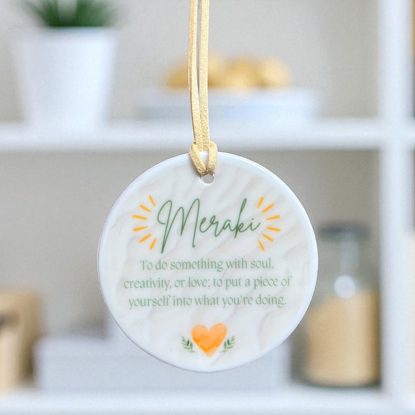 Meraki Ceramic Round Ornament - Minimalist Definition Decoration - Inspirational Word Gift