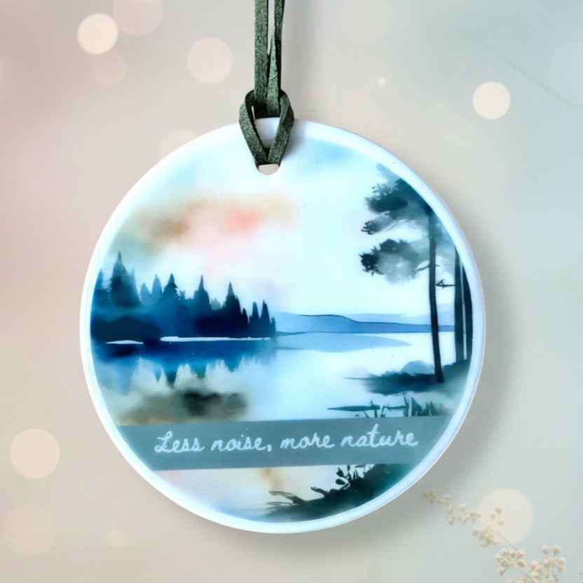 Less Noise More Nature Ceramic Hanging Ornament – Watercolour Nature Design | Boho Mindful Home Décor
