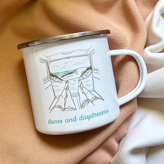 Dunes and Daydreams Enamel Mug – Vanlife Line Art Beach Scene Camping Coffee Cup