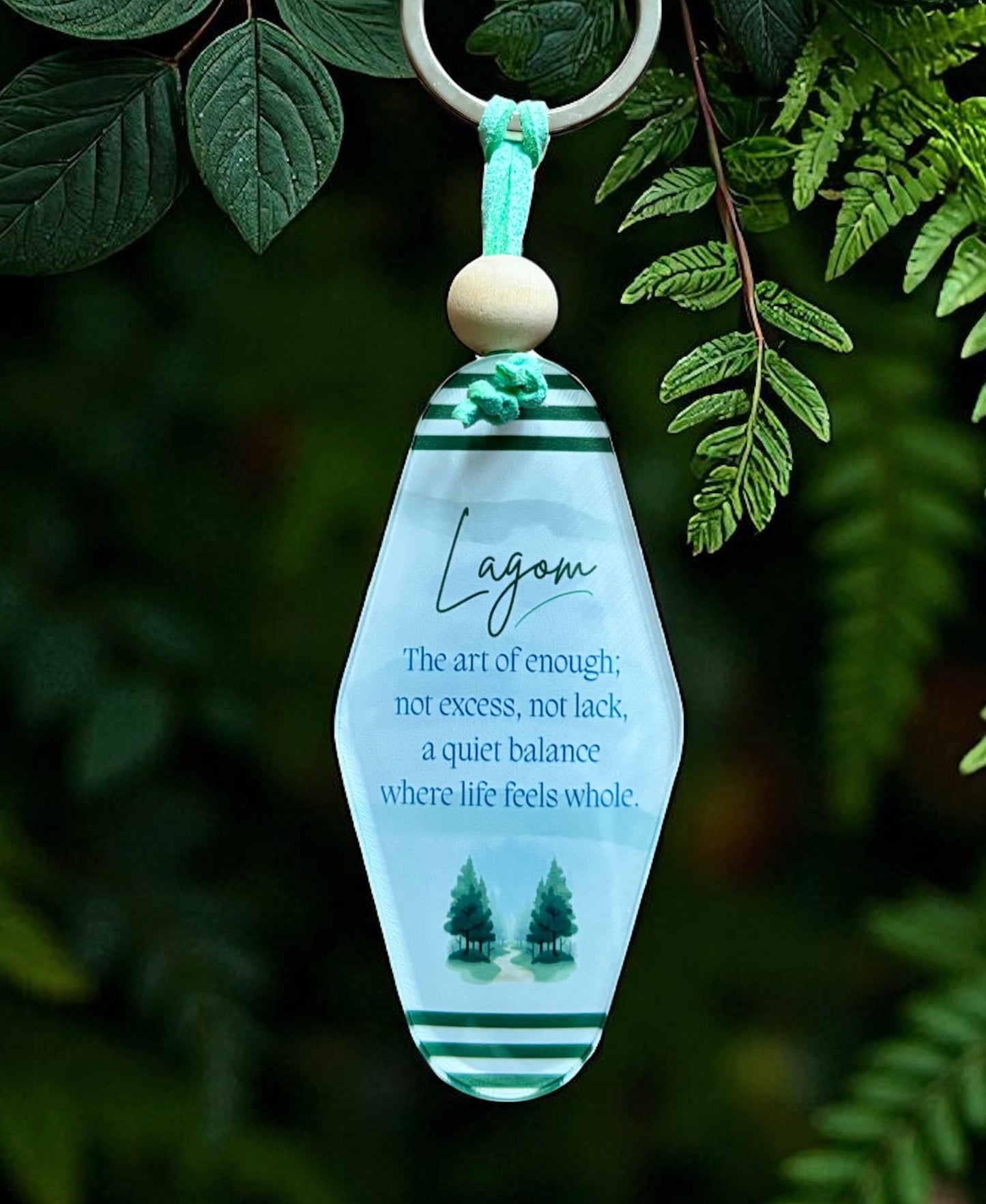 Lagom Boho Motel Style Acrylic Keyring – Scandinavian Swedish Quote Keychain with Definition