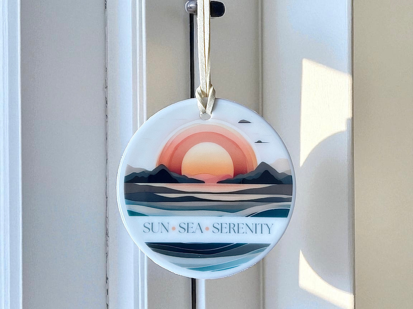 Sun Sea Serenity Ceramic Hanging Ornament – Sunset Sea Design | Boho Coastal Home Décor Gift