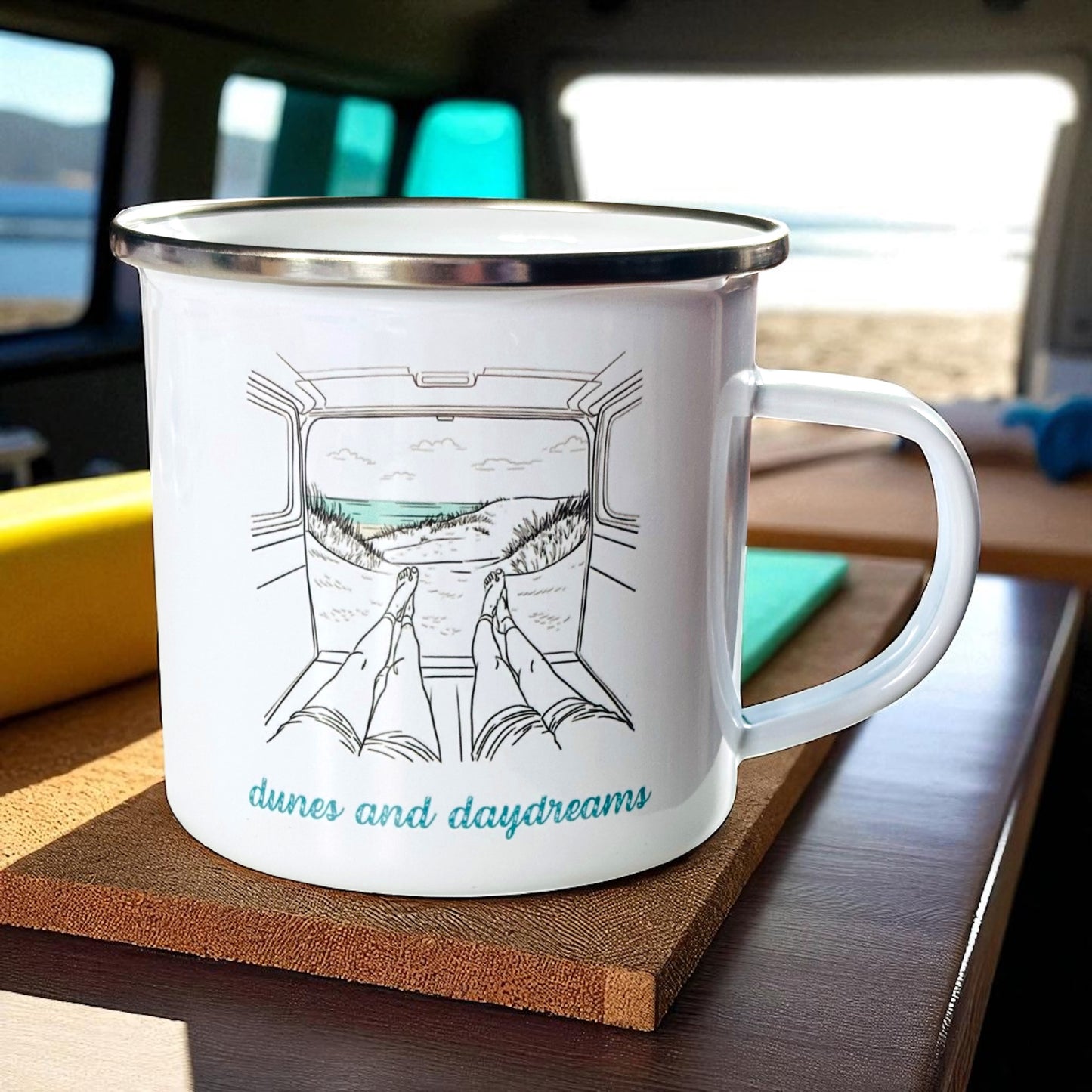 Dunes and Daydreams Enamel Mug – Vanlife Line Art Beach Scene Camping Coffee Cup