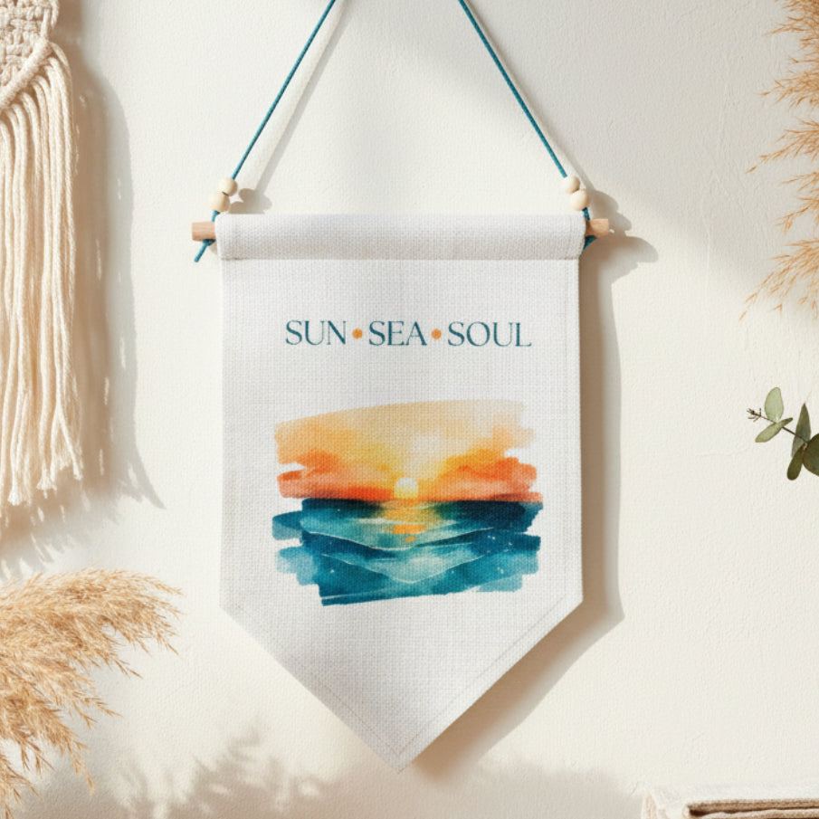 Sun Sea Soul Quote Linen Wall Hanging with Watercolour Sunset Over the Sea – Boho Coastal Home Décor Wall Art