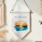 Sun Sea Soul Quote Linen Wall Hanging with Watercolour Sunset Over the Sea – Boho Coastal Home Décor Wall Art