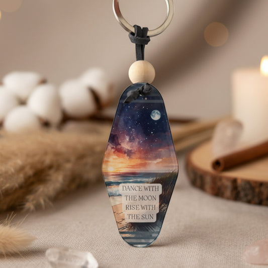 Dance with the Moon, Rise with the Sun Keyring – Retro Motel Style Boho Keychain with Night Sea & Beach Design, Gift for Free Spirits