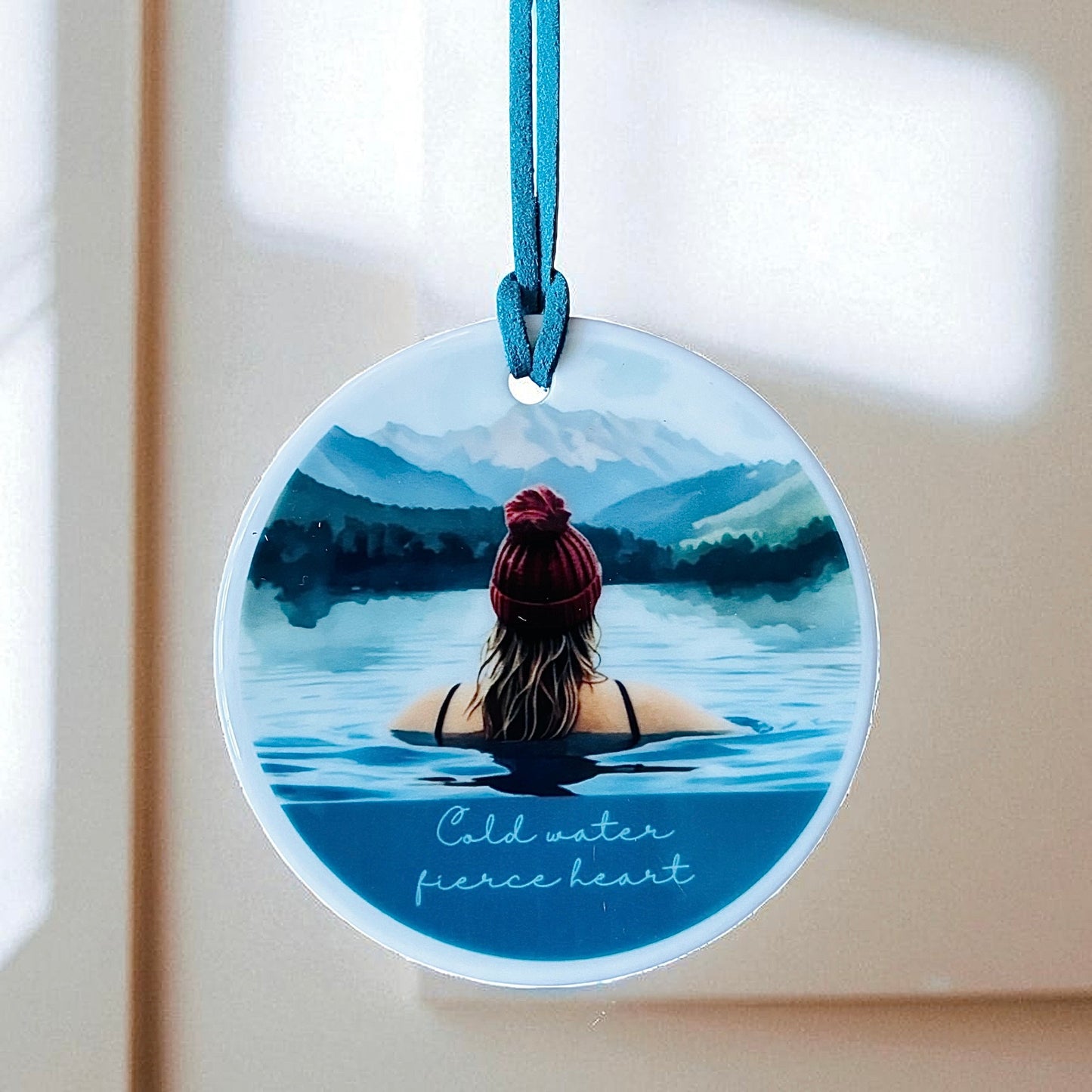 Cold Water Fierce Heart Ceramic Hanging Ornament – Blonde Female Cold Water Swimmer in Lake | Boho Adventure Home Décor