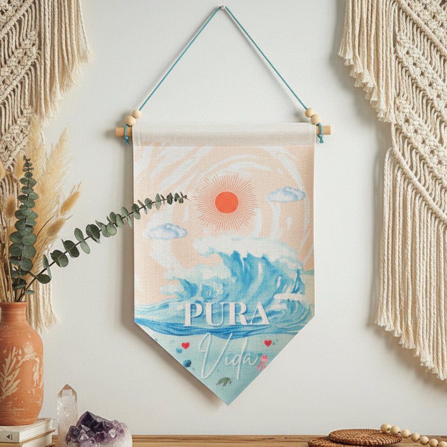 Pura Vida Linen Hanging Sign – Sun & Sea Boho Wall Art