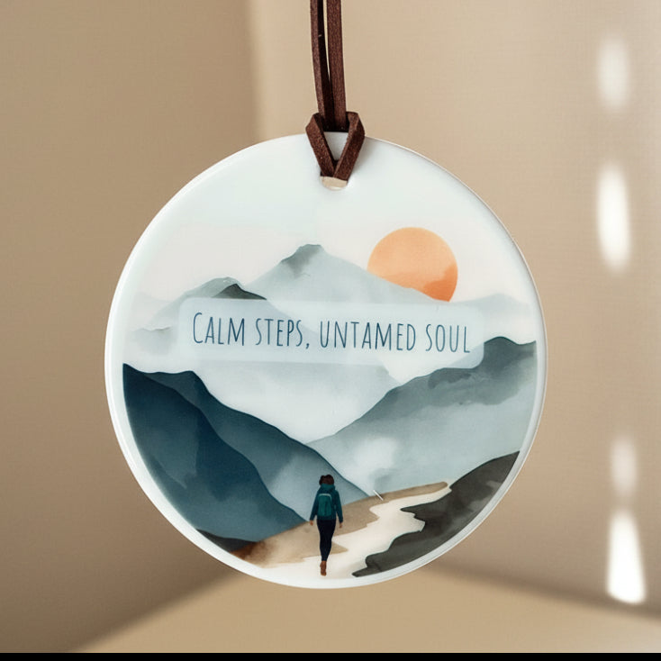 Calm Steps Untamed Soul Ceramic Hanging Ornament – Watercolour Hills with Hiker Design | Boho Adventure Home Décor