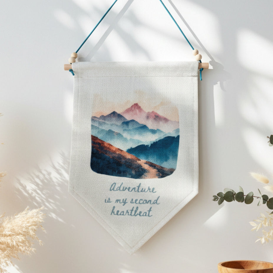 Adventure Is My Second Heartbeat Quote Linen Wall Hanging with Pastel Watercolour Mountains – Boho Home Décor & Outdoor Wall Art
