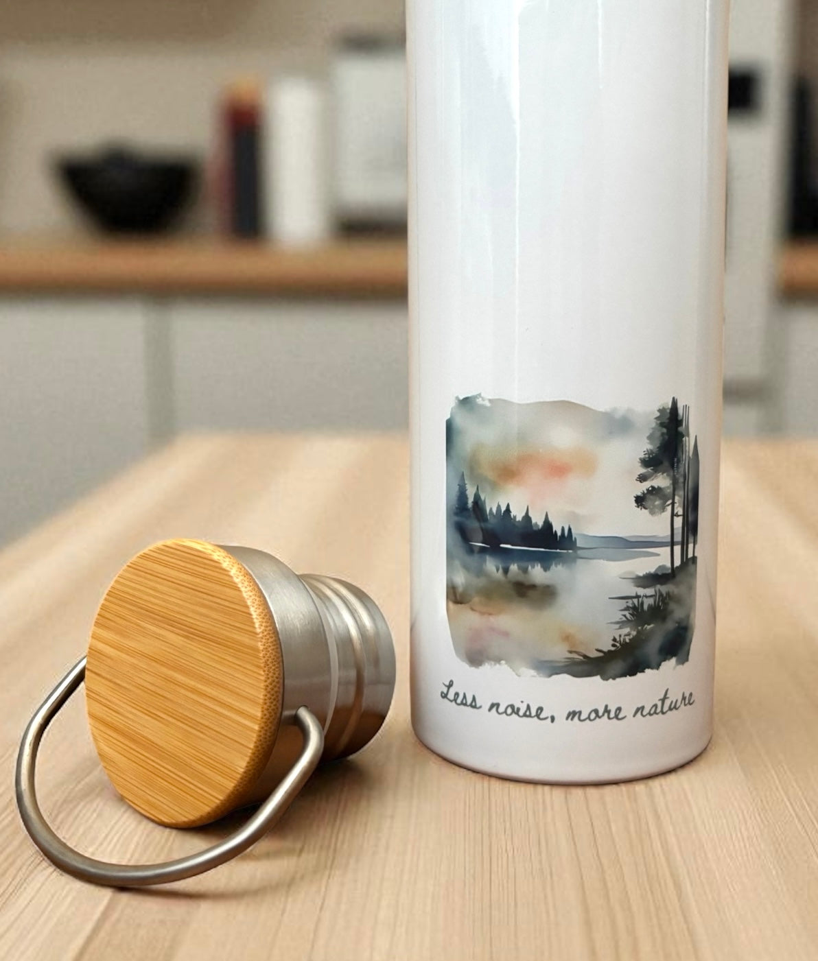 Less Noise More Nature Metal Water Bottle – 500ml Stainless Steel Insulated Flask with Watercolour Nature Design