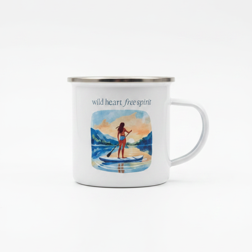 Wild Heart Free Spirit Female Paddleboarding Enamel Mug – Adventure Camping Cup