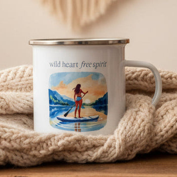 Wild Heart Free Spirit Female Paddleboarding Enamel Mug – Adventure Camping Cup