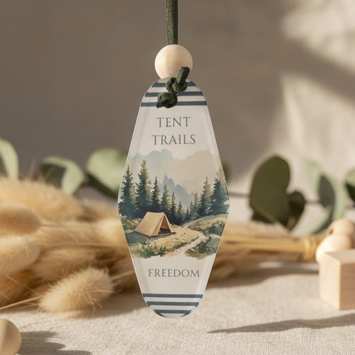 Tents, Trails, Freedom Keyring – Retro Motel Style Boho Keychain with Watercolor Camping Design, Gift for Nature & Adventure Lovers