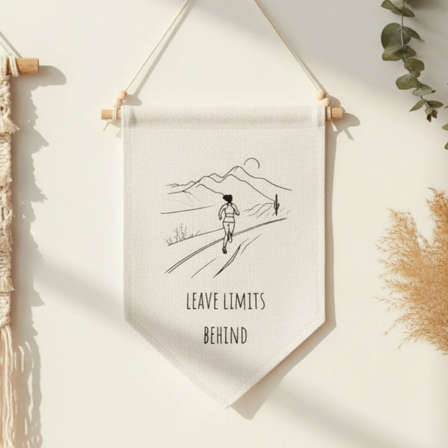 Leave Limits Behind Line Art Female Runner Linen Wall Hanging - Boho Home Décor, Fitness & Motivation Wall Art