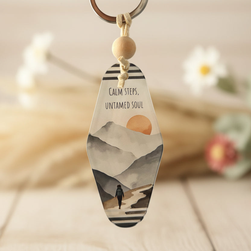 Calm Steps, Untamed Soul Keyring – Retro Motel Style Boho Keychain with Watercolour Hills & Mountains Design, Gift for Hikers & Nature Lovers