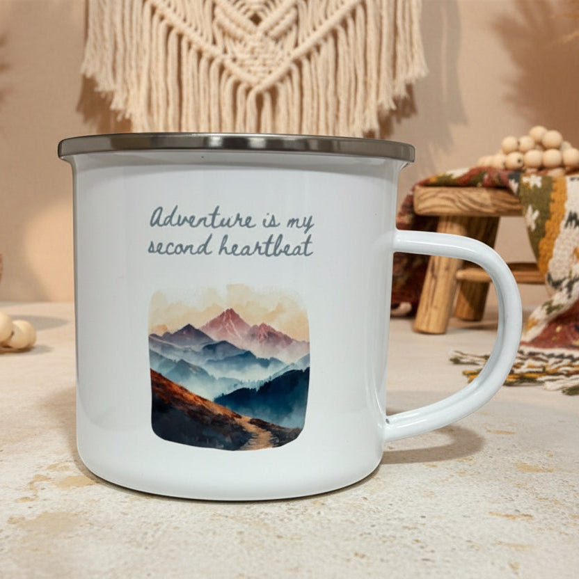 Adventure Is My Second Heartbeat Enamel Mug – 12oz Camping Coffee Cup with Pastel Mountain & Hiking Path Design