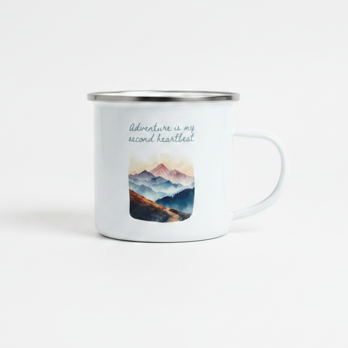 Adventure Is My Second Heartbeat Enamel Mug – 12oz Camping Coffee Cup with Pastel Mountain & Hiking Path Design