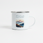 Adventure Is My Second Heartbeat Enamel Mug – 12oz Camping Coffee Cup with Pastel Mountain & Hiking Path Design