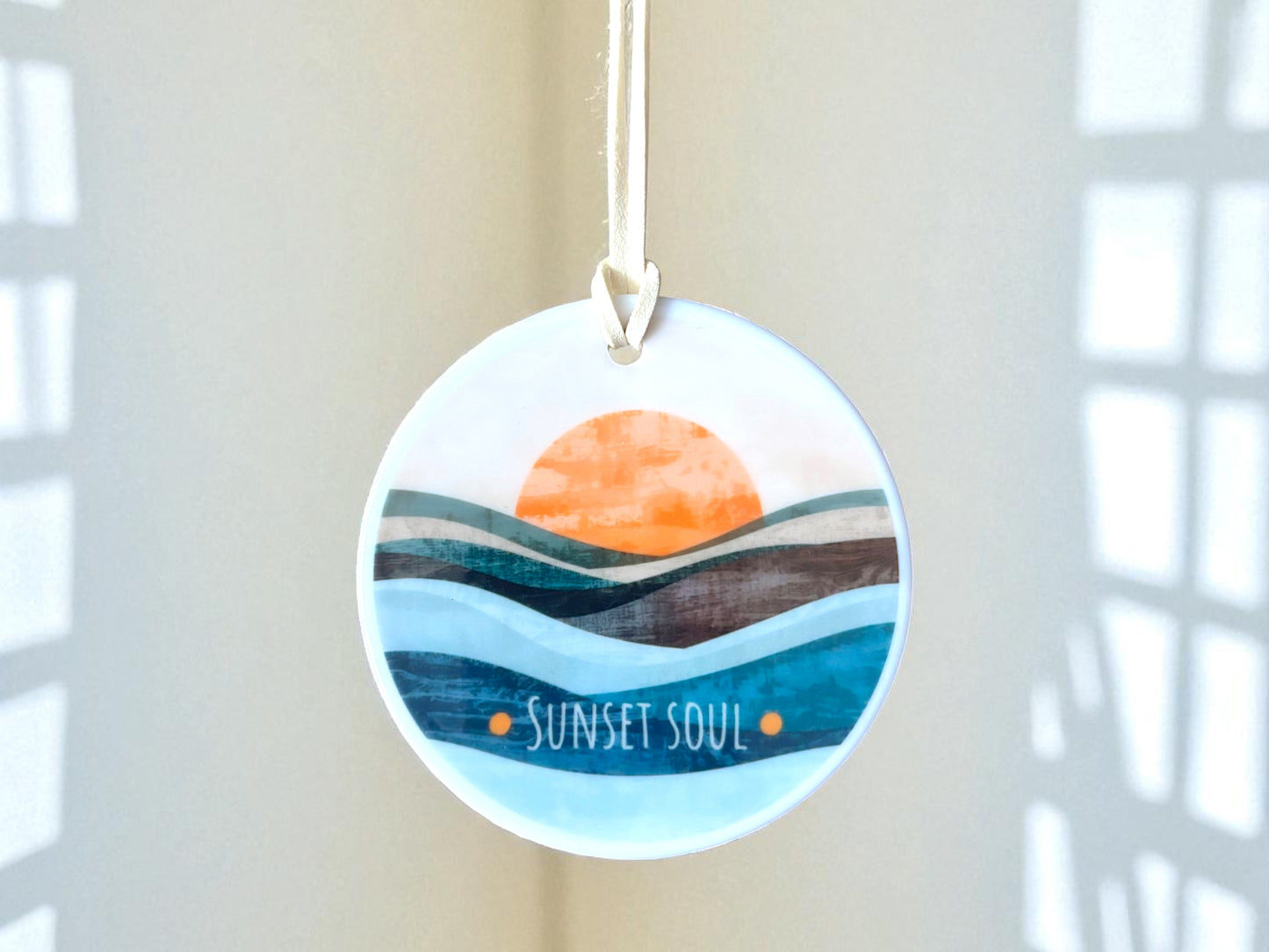 Sunset Soul Ceramic Hanging Ornament – Layered Ocean Sunrise Design | Boho Coastal Wall Décor