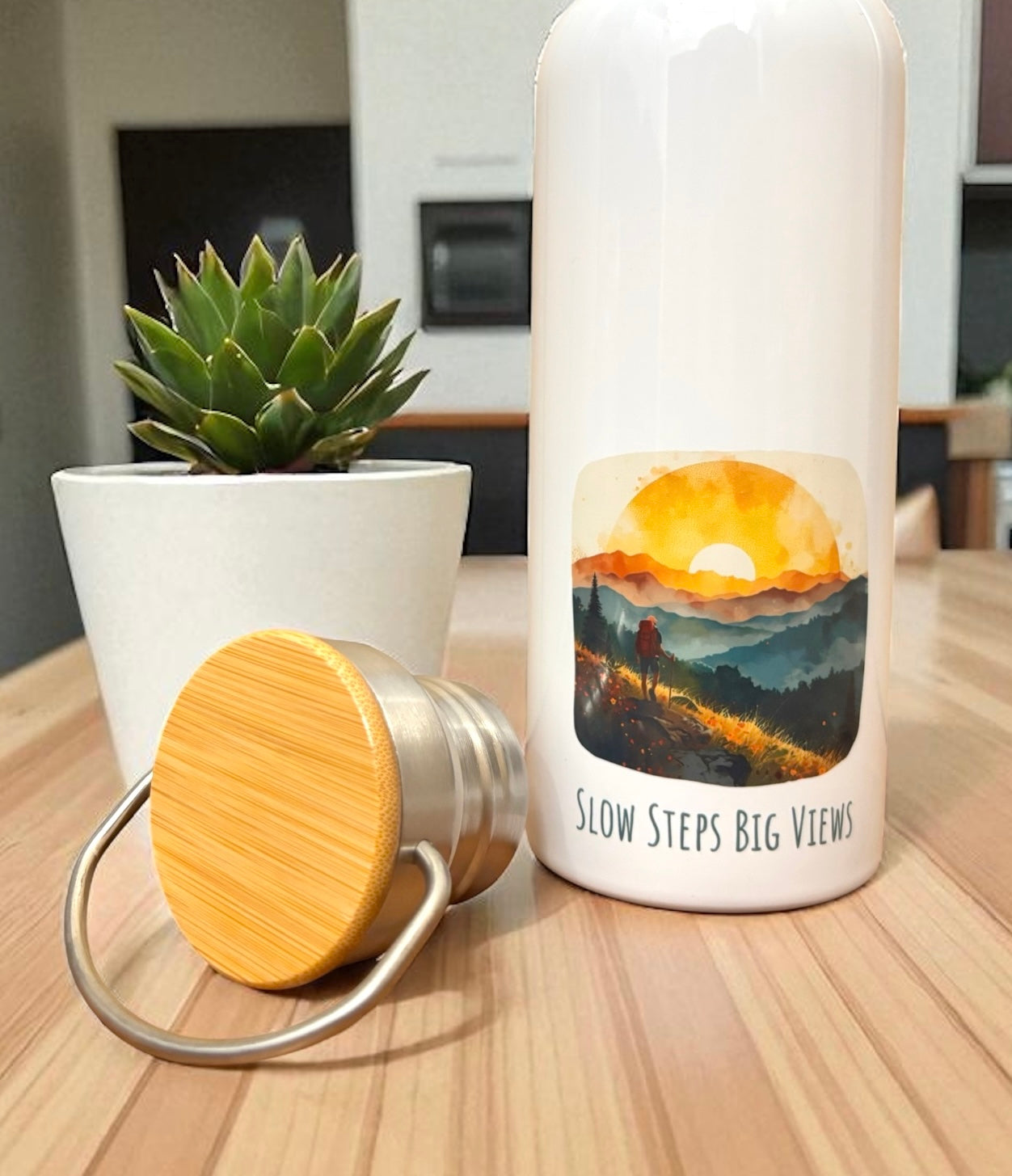Slow Steps Big Views Metal Water Bottle – 500ml Stainless Steel Insulated Flask with Watercolour Hiker & Mountain Sunrise Design