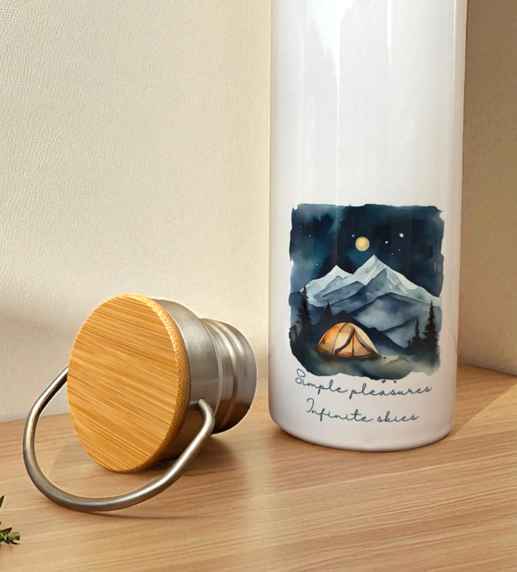 Simple Pleasures Infinite Skies Metal Water Bottle – 500ml Stainless Steel Insulated Flask with Watercolour Night Sky Camping Design