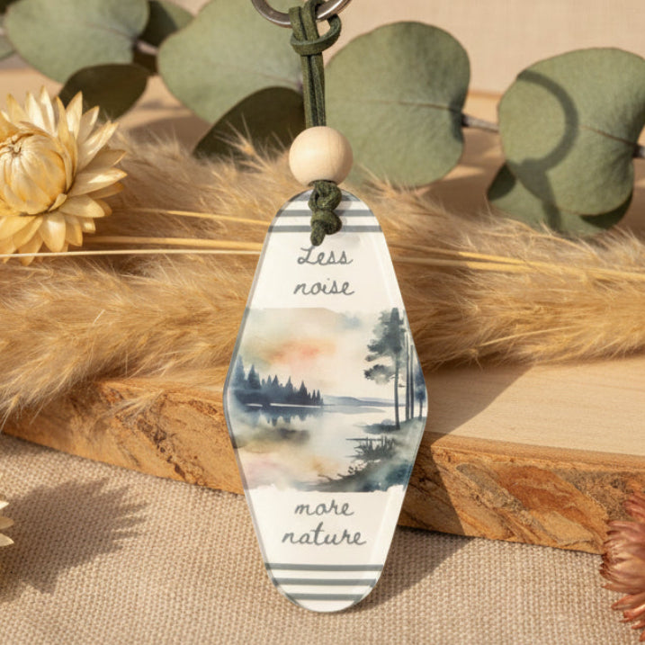 Less Noise, More Nature Keyring – Retro Motel Style Boho Keychain with Watercolour Nature Design, Gift for Outdoor & Nature Lovers