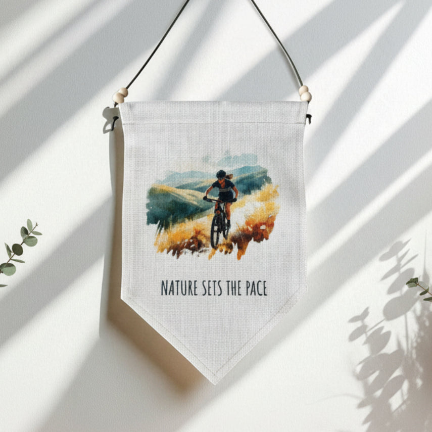 Nature Sets the Pace Quote with Watercolour Female Mountain Biker Linen Wall Hanging – Boho Home Décor Adventure Gift