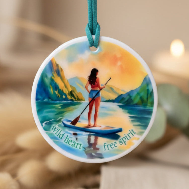 Wild Heart Free Spirit Female Paddleboarding Ceramic Ornament – Boho Adventure Décor & Gift