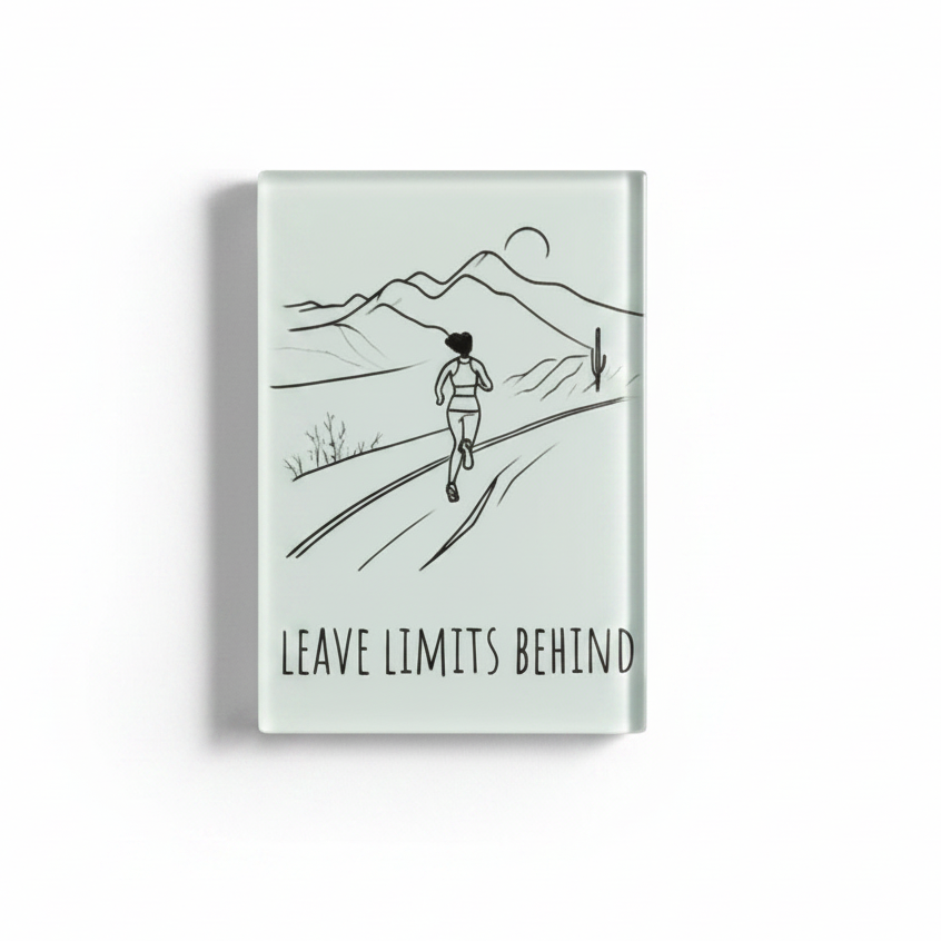 Leave Limits Behind Glass Magnet – Female Runner Line Art
