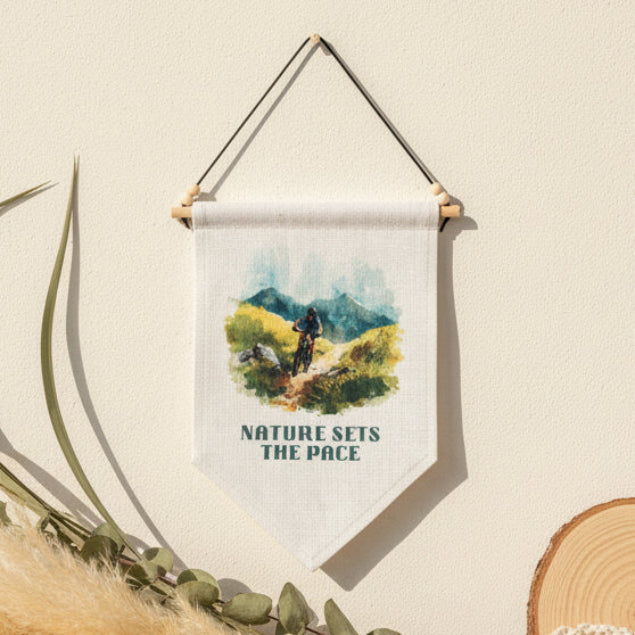 Nature Sets the Pace Quote with Watercolour Male Mountain Biker Linen Wall Hanging – Boho Home Décor Adventure Gift