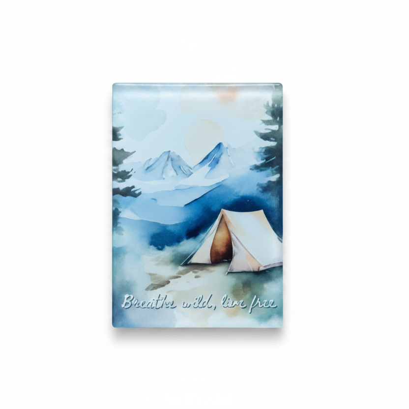 Breathe Wild Live Free Glass Magnet – Watercolour Camping