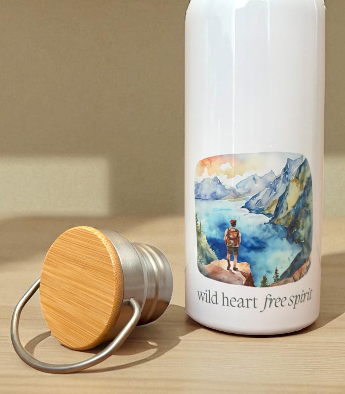 Wild Heart Free Spirit Metal Water Bottle – 500ml Stainless Steel Insulated Flask with Watercolour Male Hiking Design