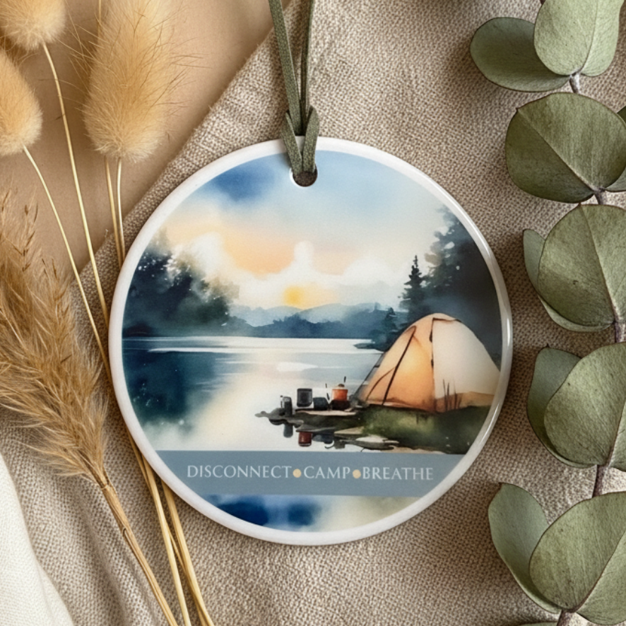 Disconnect Camp Breathe Ceramic Hanging Ornament – Watercolour Camping by Lake Design | Boho Adventure Home Décor