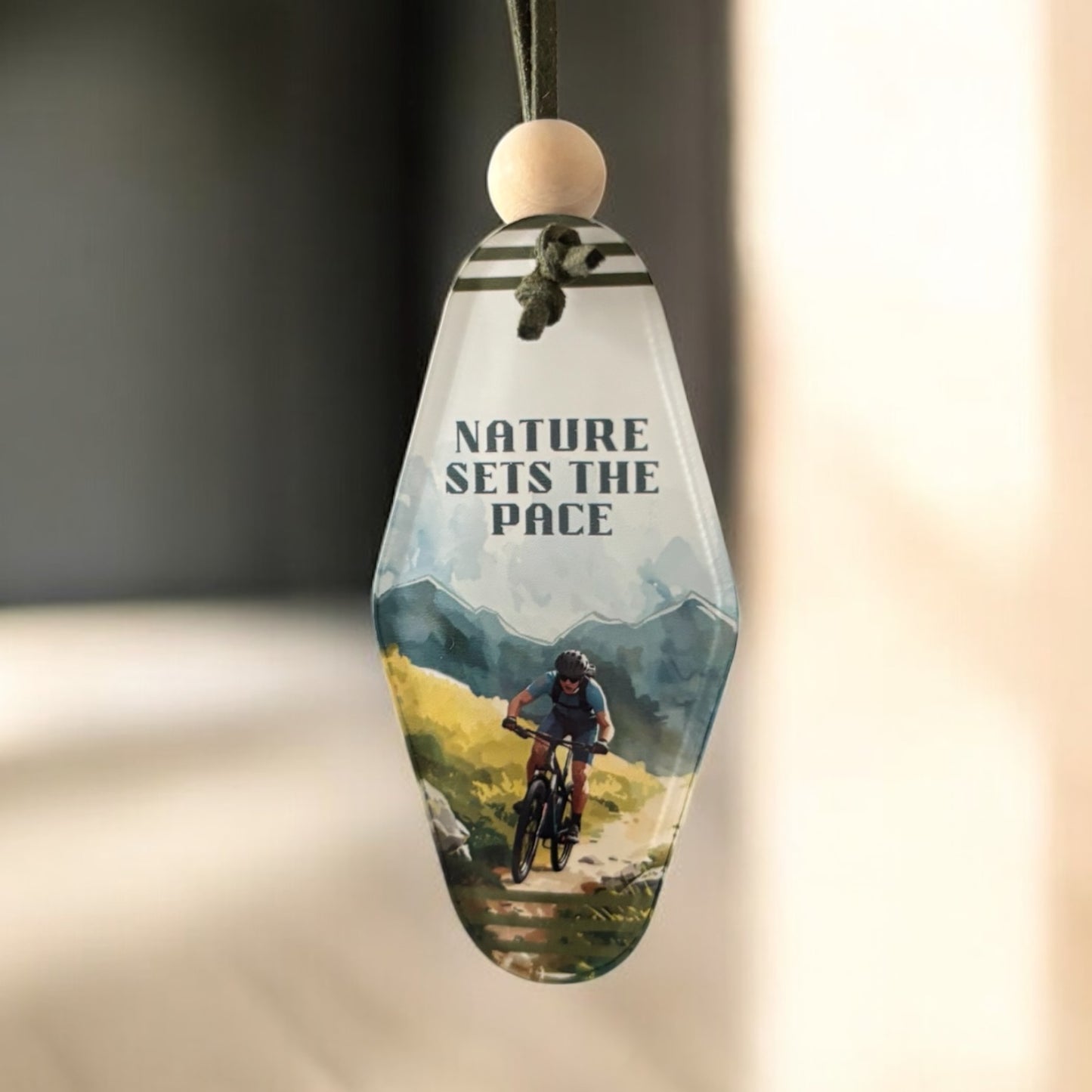 Nature Sets The Pace Keyring – Retro Motel Style Boho Keychain with Watercolour Male Mountain Biker Design, Gift for Cyclists & Outdoor Lovers