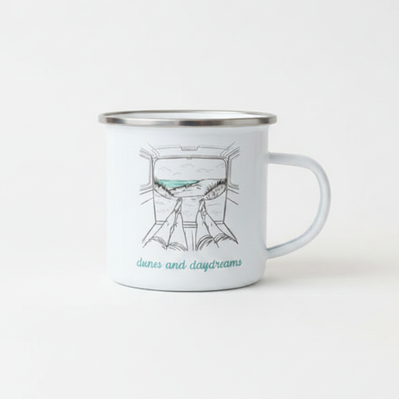 Dunes and Daydreams Enamel Mug – Vanlife Line Art Beach Scene Camping Coffee Cup