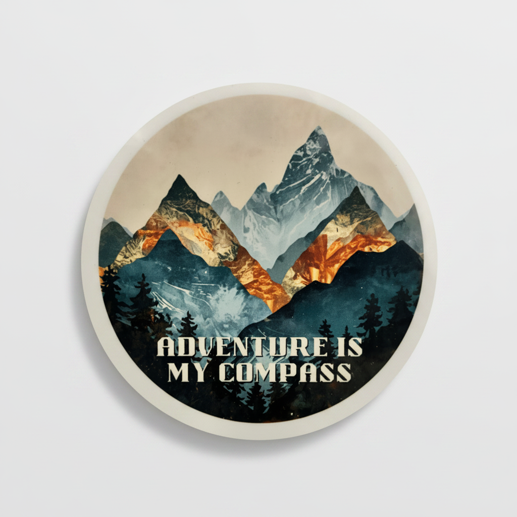 Adventure Is My Compass Round Coaster – Wanderlust Layered Mountains Rugged Design | Outdoor Explorer Décor