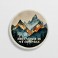 Adventure Is My Compass Round Coaster – Wanderlust Layered Mountains Rugged Design | Outdoor Explorer Décor