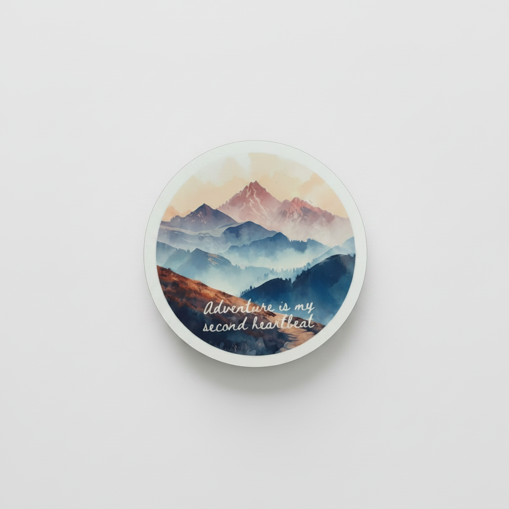 Adventure Is My Second Heartbeat Round Coaster – Watercolour Mountains Hiking Design | Outdoor Explorer Décor