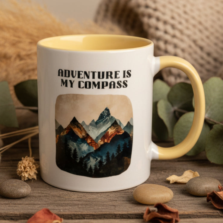 Adventure Is My Compass Ceramic Mug – Golden Hour Mountains Watercolour Design