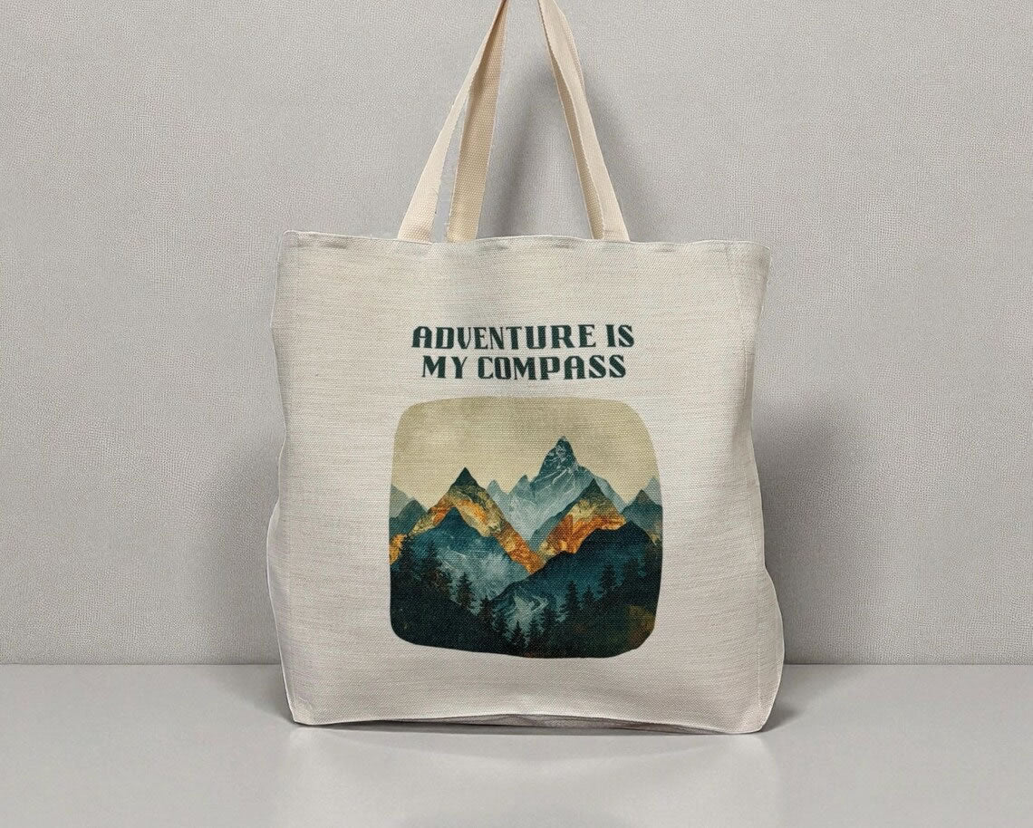 Adventure Is My Compass Tote Bag – Mountain Adventure Linen Shopper