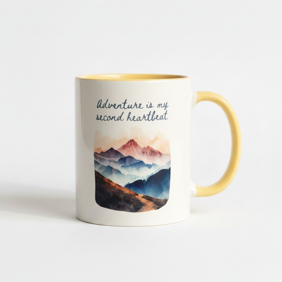 Adventure Is My Second Heartbeat Ceramic Mug – Watercolour Mountain Design