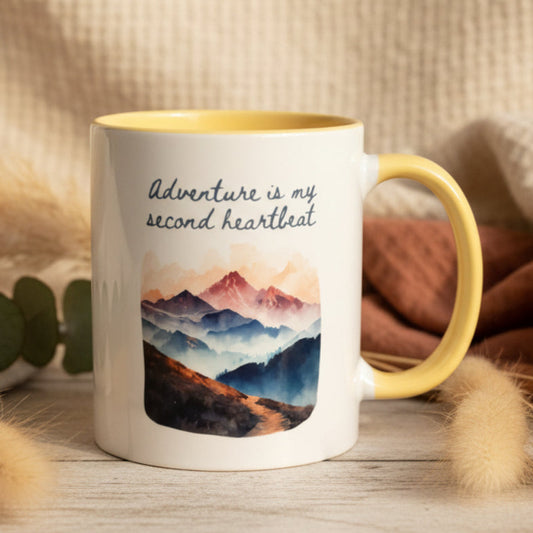 Adventure Is My Second Heartbeat Ceramic Mug – Watercolour Mountain Design