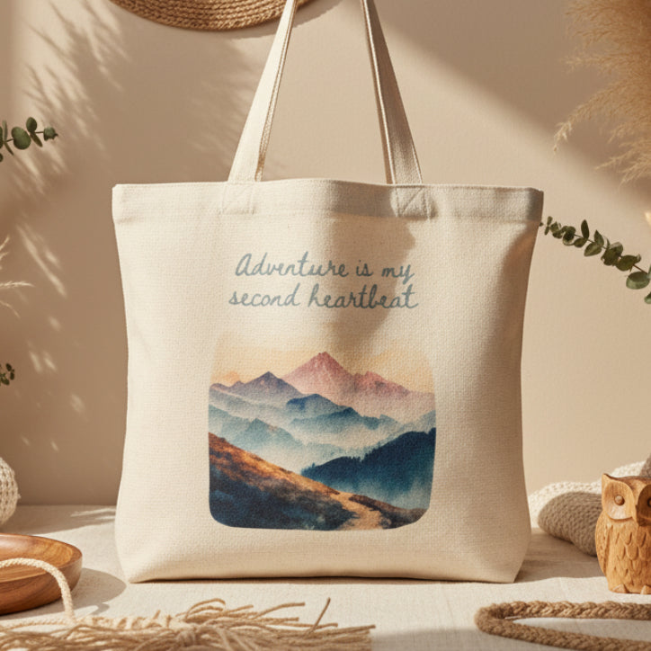 Adventure Is My Second Heartbeat Tote Bag – Pastel Watercolour Mountains