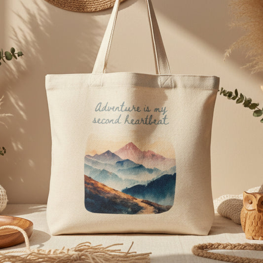 Adventure Is My Second Heartbeat Tote Bag – Pastel Watercolour Mountains