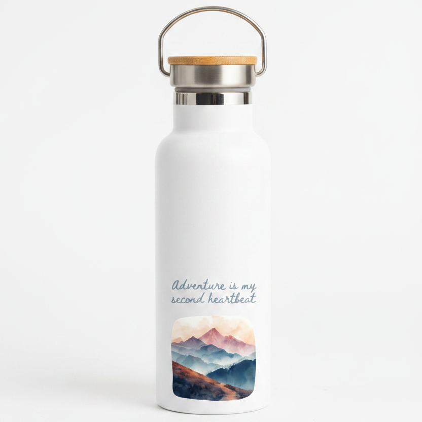 Adventure Is My Second Heartbeat Metal Water Bottle – 500ml Stainless Steel Insulated Flask with Pastel Mountain & Hiking Path Design