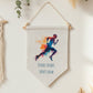 Male Runner Design with “Stride Steady, Spirit Calm” Quote – Boho Home Décor, Running Inspiration Linen Wall Hanging