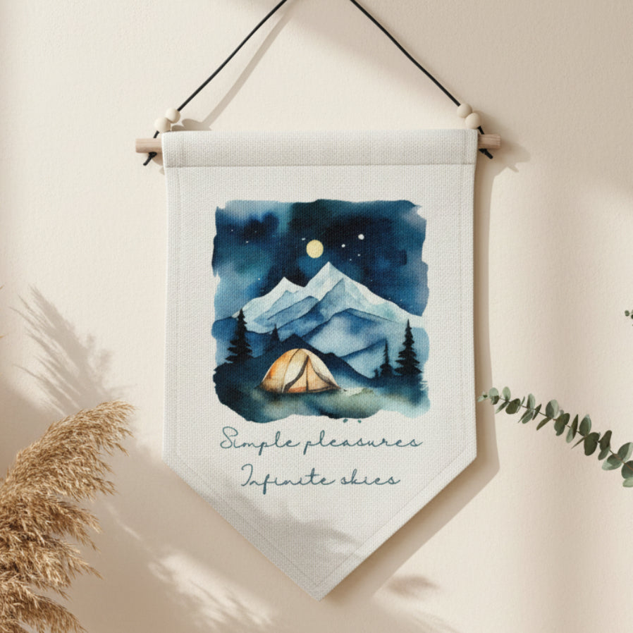 Simple Pleasures Infinite Skies Quote with Watercolour Mountain Tent Night Scene Wall Art Linen Wall Hanging