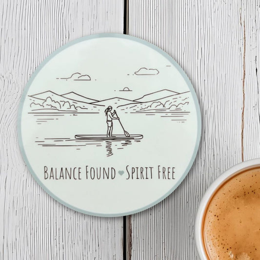 Balance Found, Spirit Free Round Coaster – Line Art Paddleboarder SUP Design | Adventure & Mindfulness Décor