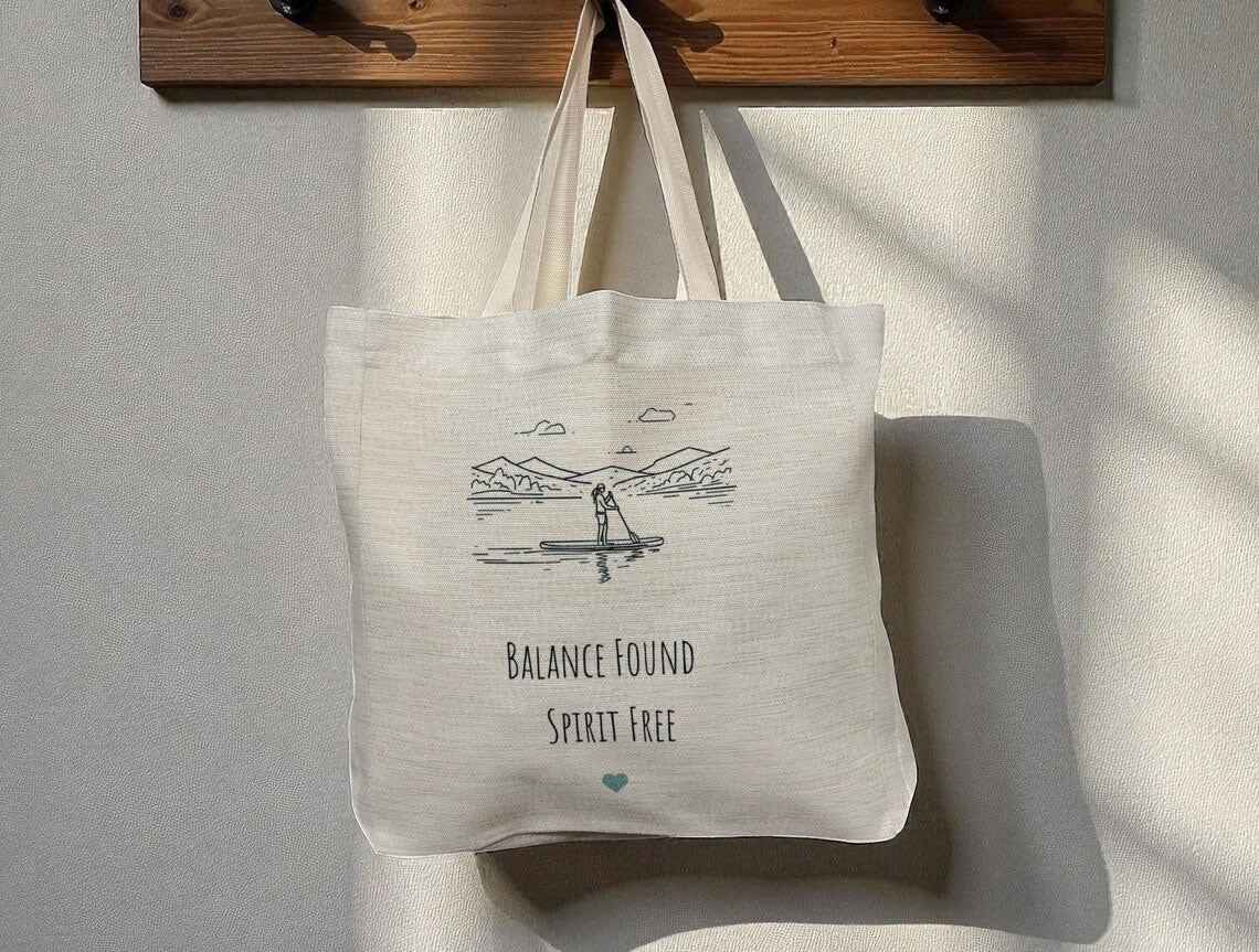 Balance Found Spirit Free Tote Bag – Line Art Paddleboarding Design